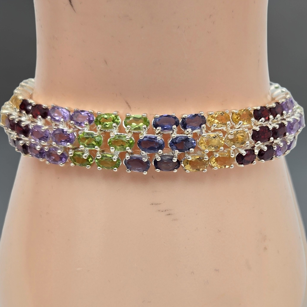 Sterling Silver 925 Rainbow Gemstone Tennis Bracelet Crown Mark 6.75” Estate - Picture 2 of 10